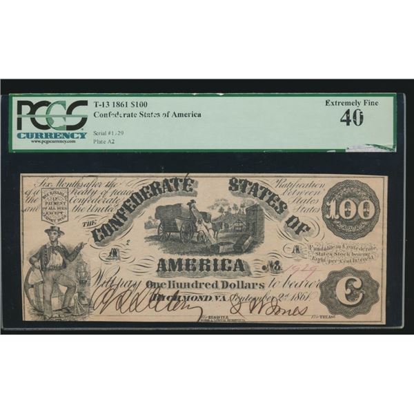 1861 $100 T-13 Confederate PCGS 40