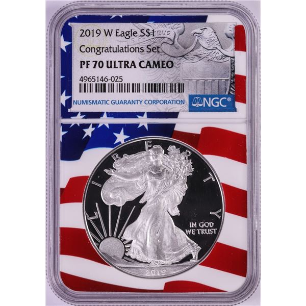 2019-W $1 Proof American Silver Eagle Coin NGC PF70 Ultra Cameo Congratulations Flag