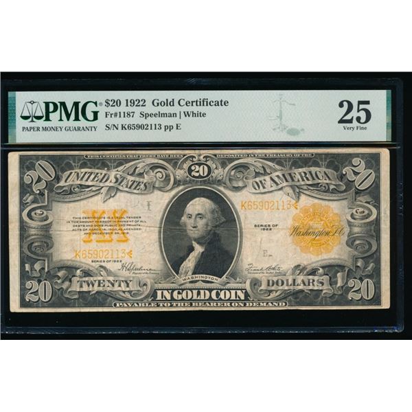 1922 $20 Gold Certificate PMG 25
