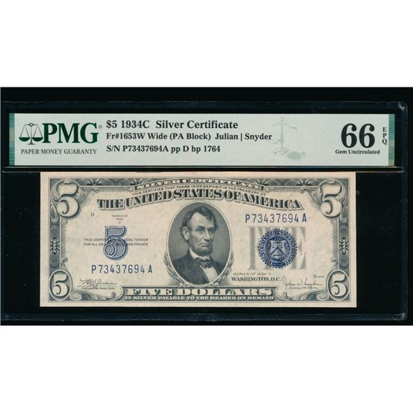 1934C $5 Silver Certificate PMG 66EPQ