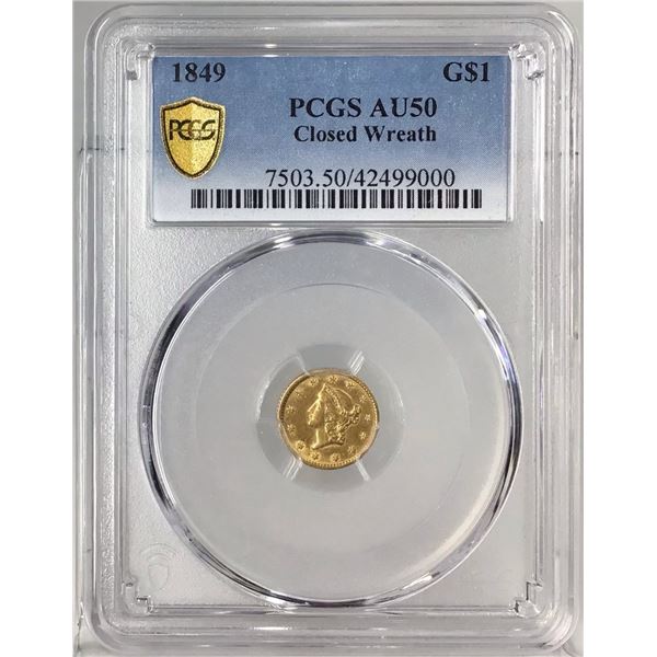1849 $1 Closed Wreath Gold Coin PCGS AU50