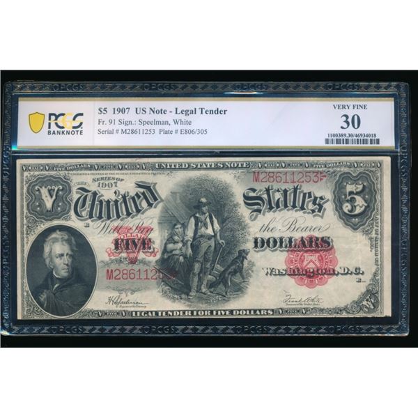 1907 $5 Legal Tender Note PCGS 30