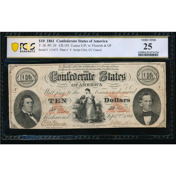 1861 $10 T-26 Confederate PCGS 25