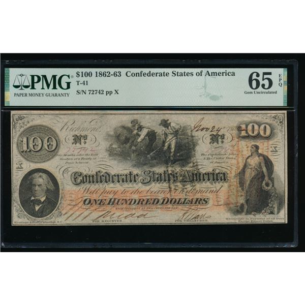 1862 $100 T-41 Confederate PMG 65EPQ