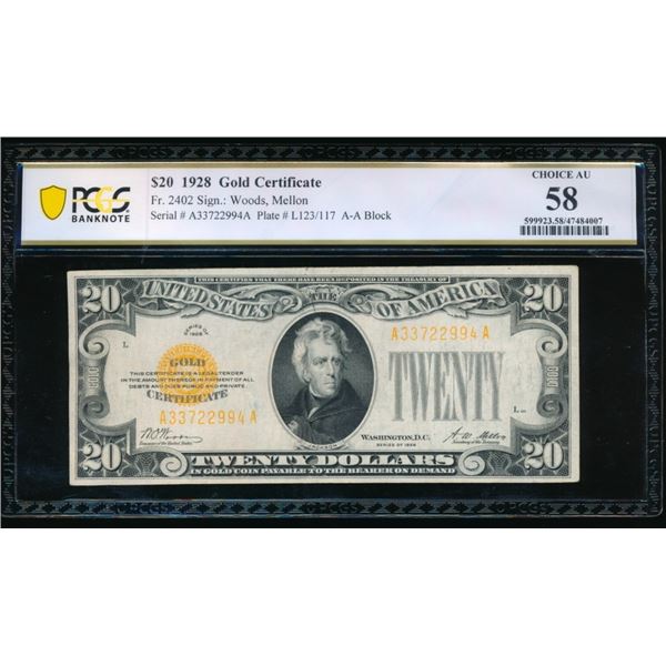 1928 $20 Gold Certificate PCGS 58