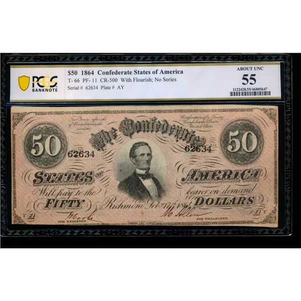 1864 $50 T-66 Confederate PCGS 55