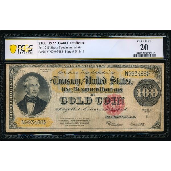 1922 $100 Gold Certificate PCGS 20