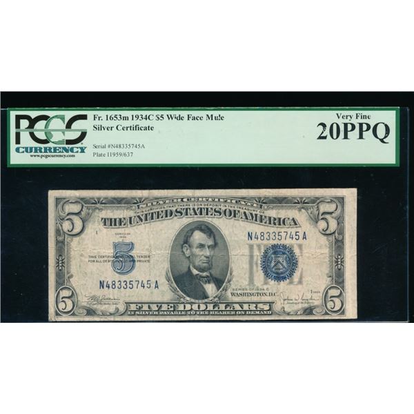 1934C $5 Mule Silver Certificate PCGS 20PPQ