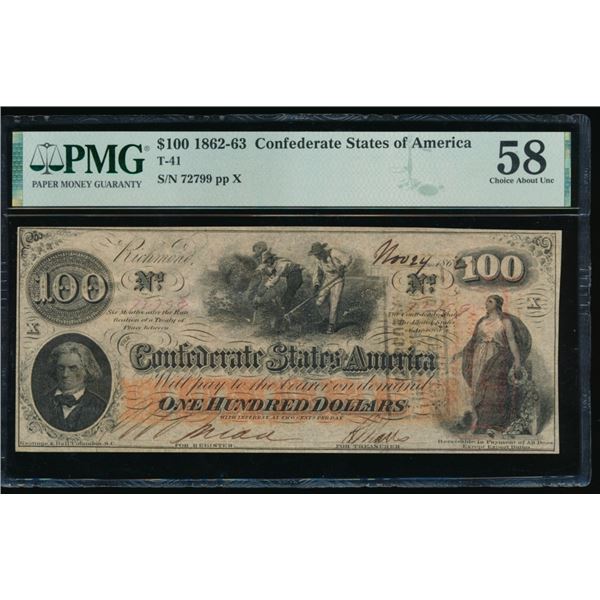 1862-63 $100 T-41 Confederate PMG 58