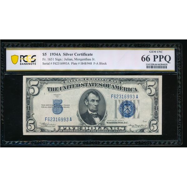 1934A $5 Silver Certificate PCGS 66PPQ