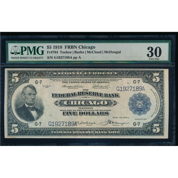 1918 $5 Chicago FRBN PMG 30