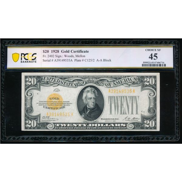 1928 $20 Gold Certificate PCGS 45