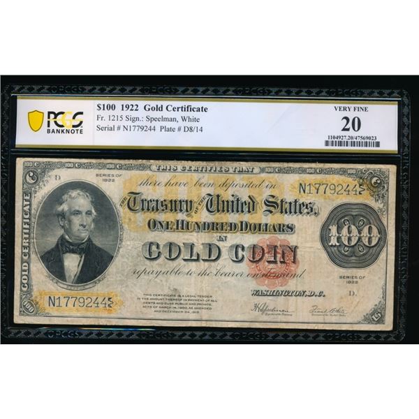 1922 $100 Gold Certificate PCGS 20