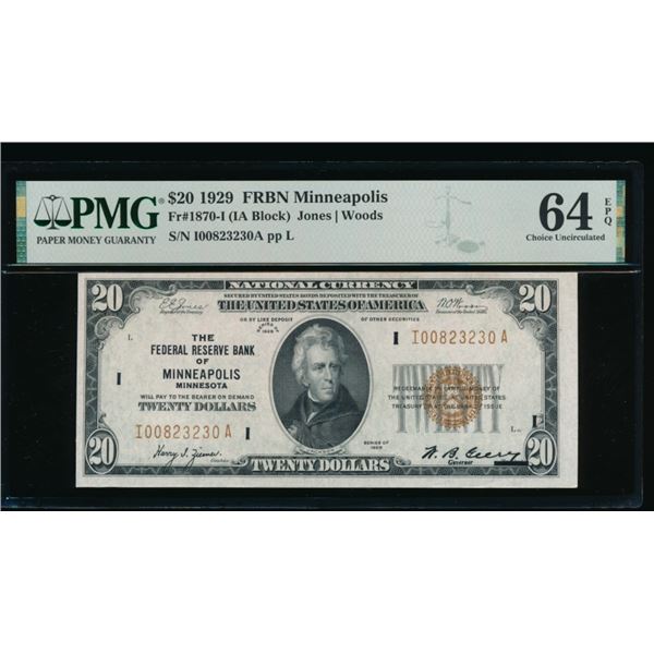 1929 $20 Minneapolis FRBN PMG 64EPQ
