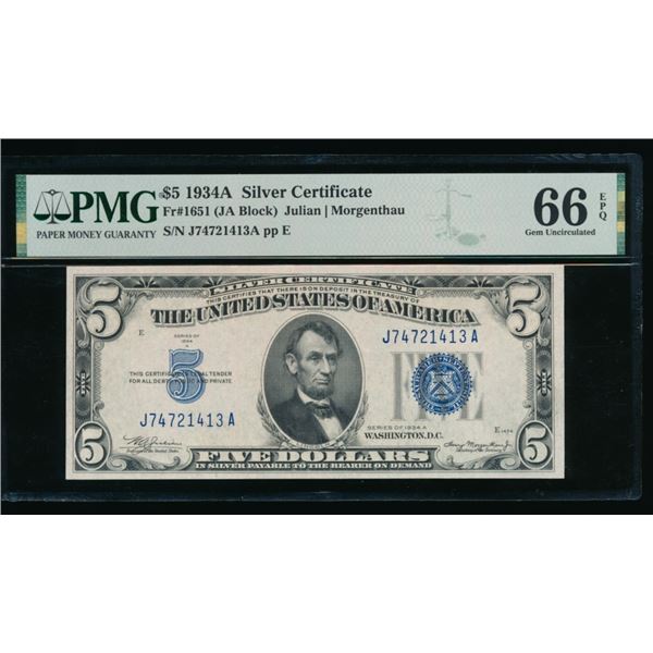 1934A $5 Silver Certificate PMG 66EPQ