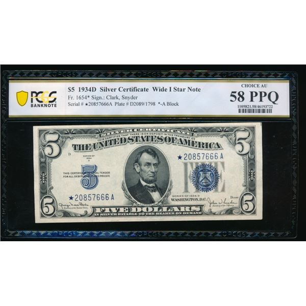 1934D $5 STAR Silver Certificate PCGS 58PPQ
