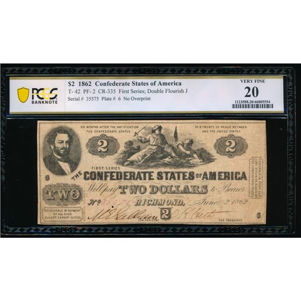 1862 $2 T-42 Confederate PCGS 20