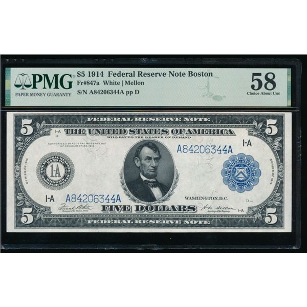1914 $5 Boston FRN PMG 58