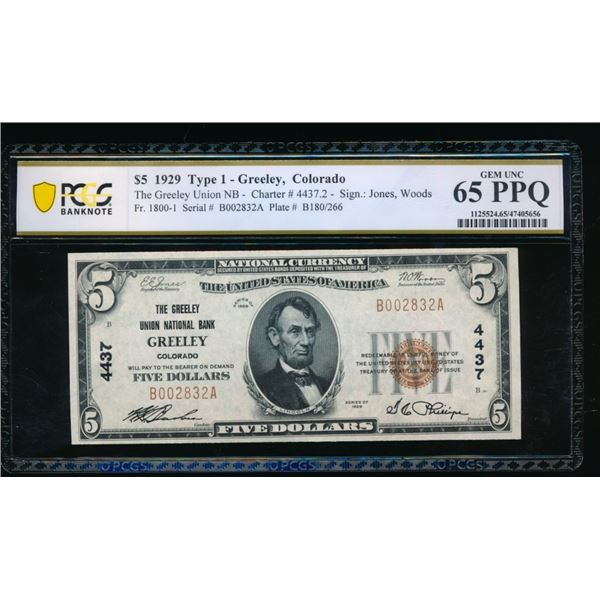 1929 $5 Greeley CO National PCGS 65PPQ