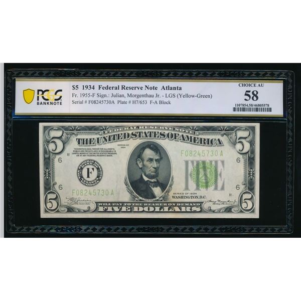 1934 $5 Atlanta FRN PCGS 58