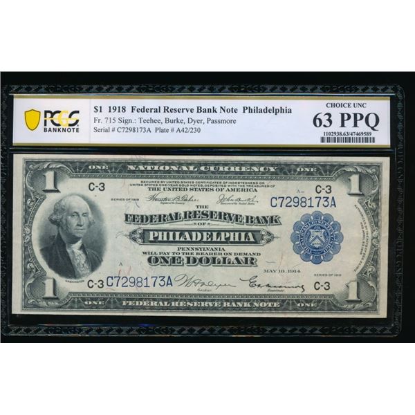 1918 $1 Philadelphia FRBN PCGS 63PPQ