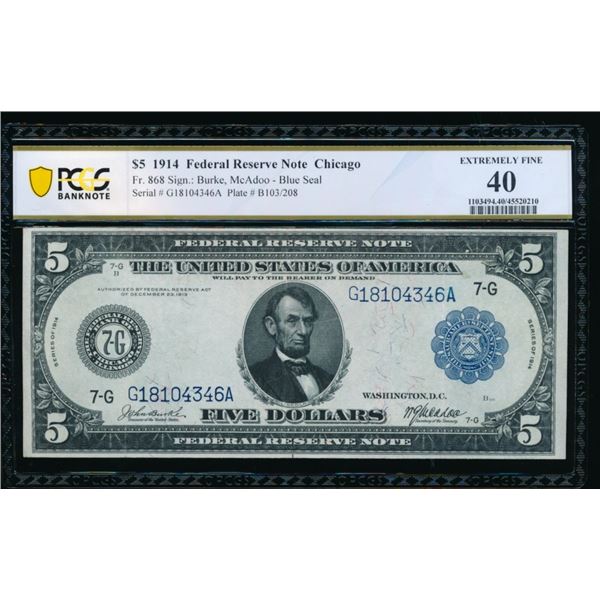 1914 $5 Chicago FRBN PCGS 40
