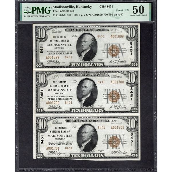 1929 $10 Madisonville KY Uncut Sheet PMG 50