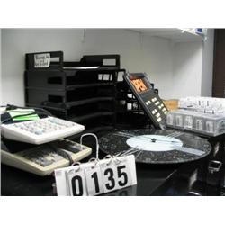 MISC. ADDING MACHINES,WALL KEY BOX,CLOCK AND "OPEN" SIGN