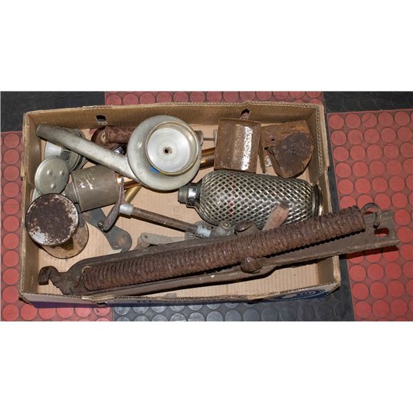 BOX OF METAL TOOLS, OIL, ETC