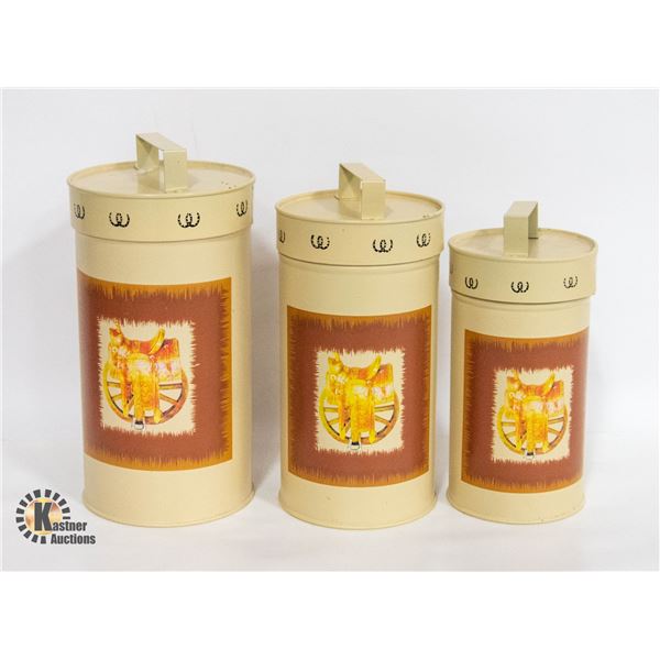 3 HORSE SADDLE TIN CANISTERS