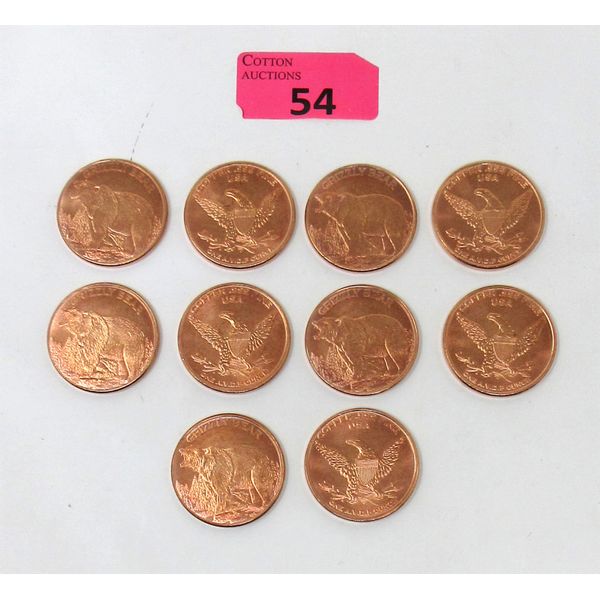 Ten 1 Oz. Copper American Mint Grizzly Rounds 