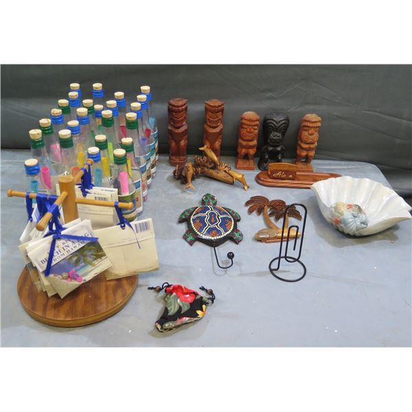 Multiple Aloha from Hawaii Postage Bottles, Beach in a Bag, Tiki Figures, Carved Dolphins (unus