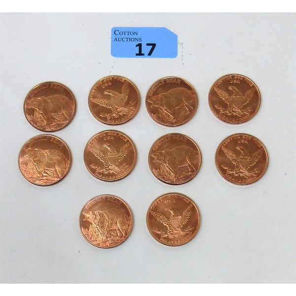 10 x .999 Fine Copper Grizzly Bear Art Rounds