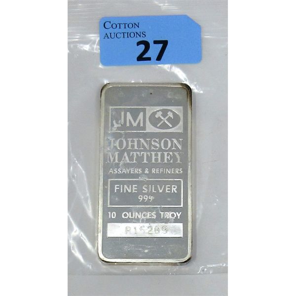 10 Oz .999 Silver Johnson Matthey Full Stamp Back Bar 