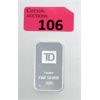 Image 1 : 1 Oz .999 Silver TD Bank Investor Bar