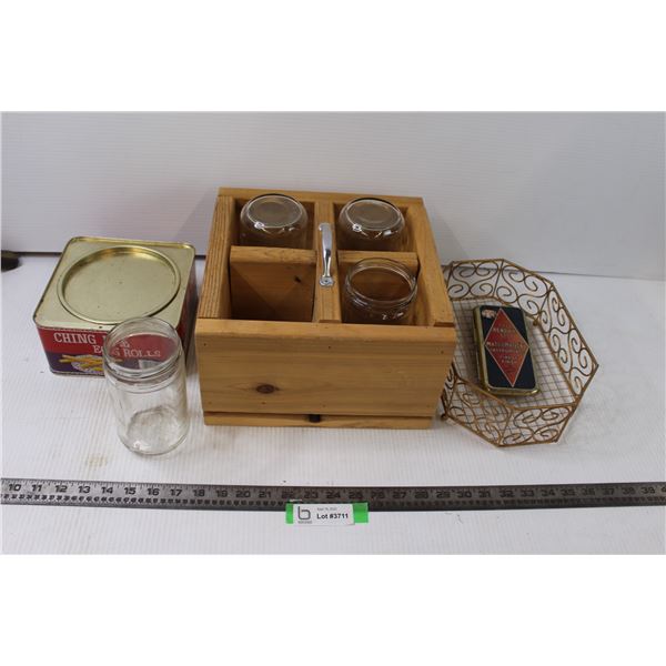 Jar in Holder, Tins, Small Basket
