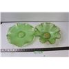 Image 1 : (2x Bid Price) Green Glass Ruffled Bowl and Tray