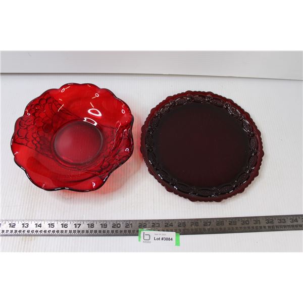 (2x Bid price) Ruby Red Glass Ruffled Bowl and Tray