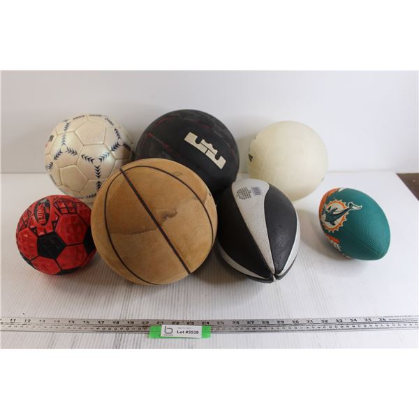 (7) Sports Balls - (2) Soccer Balls, (2) Basketballs, Volleyball, (2) Footballs