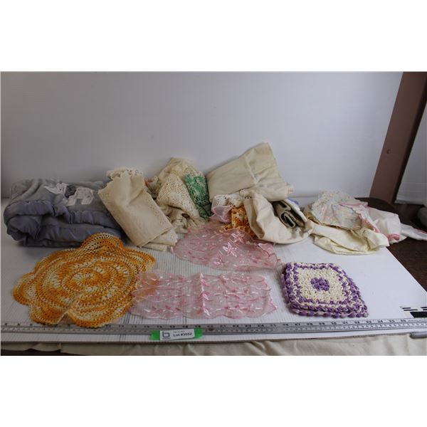 Assorted Fabrics - Doilies, Blanket, Tablecloths, Misc.