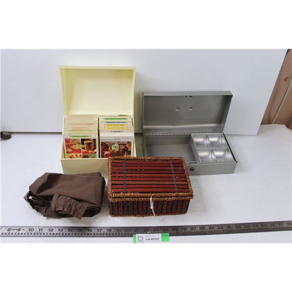 Metal Box, Recipe Box, Cloth and Basket