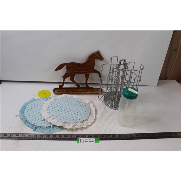 Hot Pads, Horse Decor, Metal Stand and Bottle