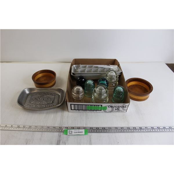 (7) Glass Insulators, Christianity Serving Tray, Misc.