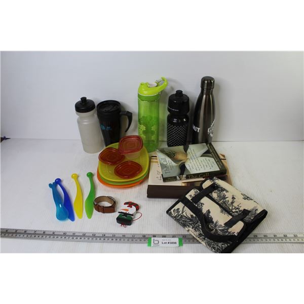 (5) Drinking Bottles - (2) Books - Plastic Kitchen Camping Items - Misc. Items