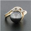 Image 2 : Vintage 14K Yellow Gold Round Diamond Dark Gray Pearl Solitaire Swirl Band Ring