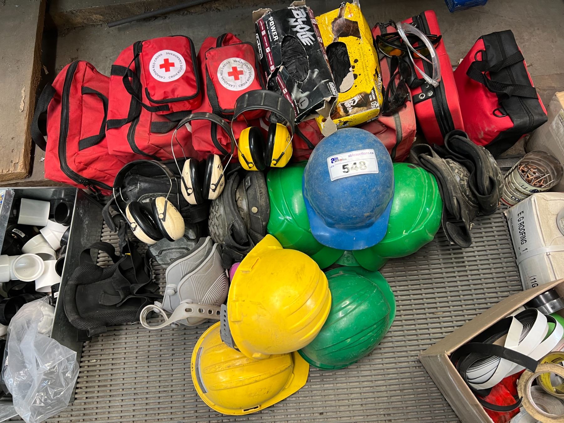 LARGE GROUP SAFETY EQUIPMENT. HARD HATS, FIRST AID KITS, KNEE PADS ...