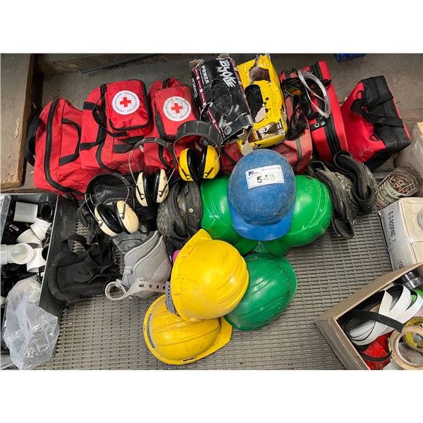LARGE GROUP SAFETY EQUIPMENT. HARD HATS, FIRST AID KITS, KNEE PADS, GLOVES, EYE PROTECTION, EAR