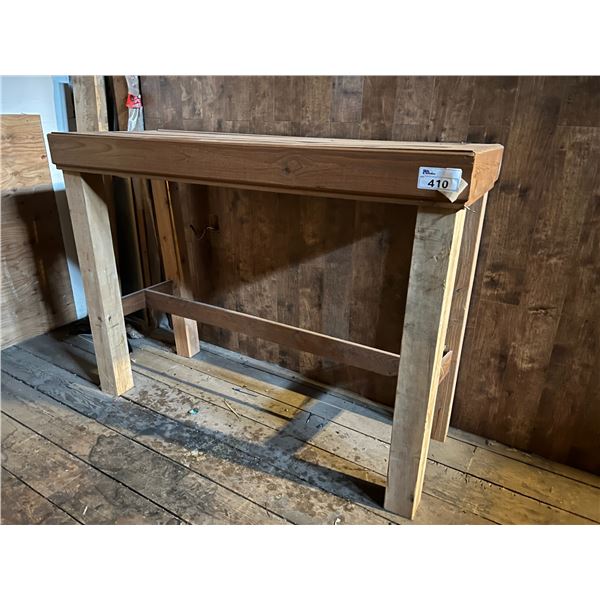 WOODEN STAND/WORK BENCH (46" X 62" X 23") REQUIRES REINFORCING PLUS 6 WOODEN SHELVES (8' X 25.5")