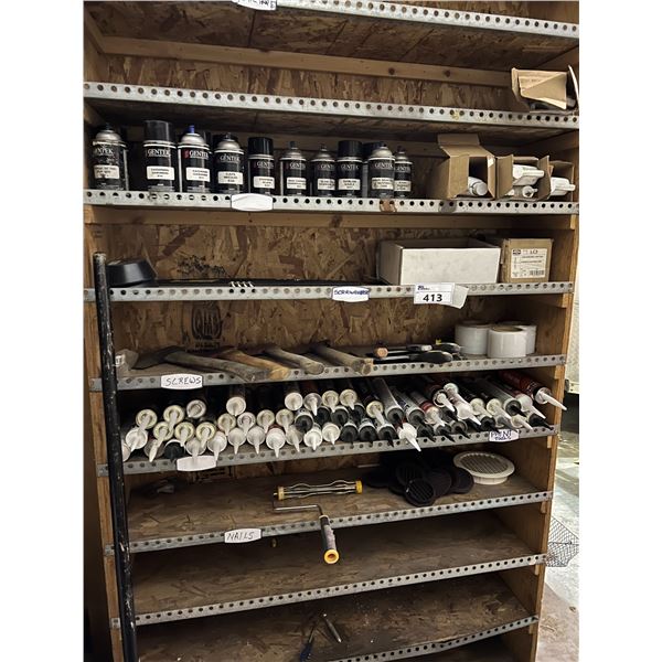 SHELF LOT OF CONSTRUCTION ADHESIVES, SILICONE/DAP, ASST'D GENTEK SPRAY PAINT VARIOUS COLORS, HARDIE