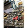Image 1 : CONTENTS OF TOP OF WORK TABLE - WRENCHES, CROW-BARS, METAL SNIPS, WIRE CUTTERS, SOCKETS,